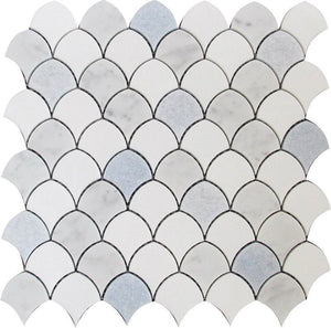 Azul Cielo Thassos And Carrara Mini Scale Marble Mosaic Tile | 11" x 11"