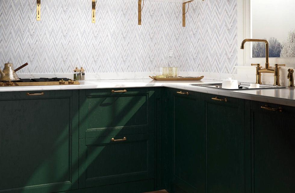 Hunter Green and Gold Kitchen Design with Azul Cielo Thassos And Carrara Striped Chevron Mosaic Tile Backsplash
