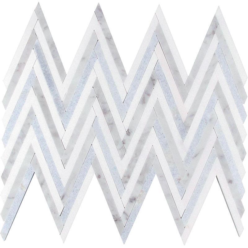 Azul Cielo Thassos And Carrara Striped Chevron Mosaic Tile | Position1