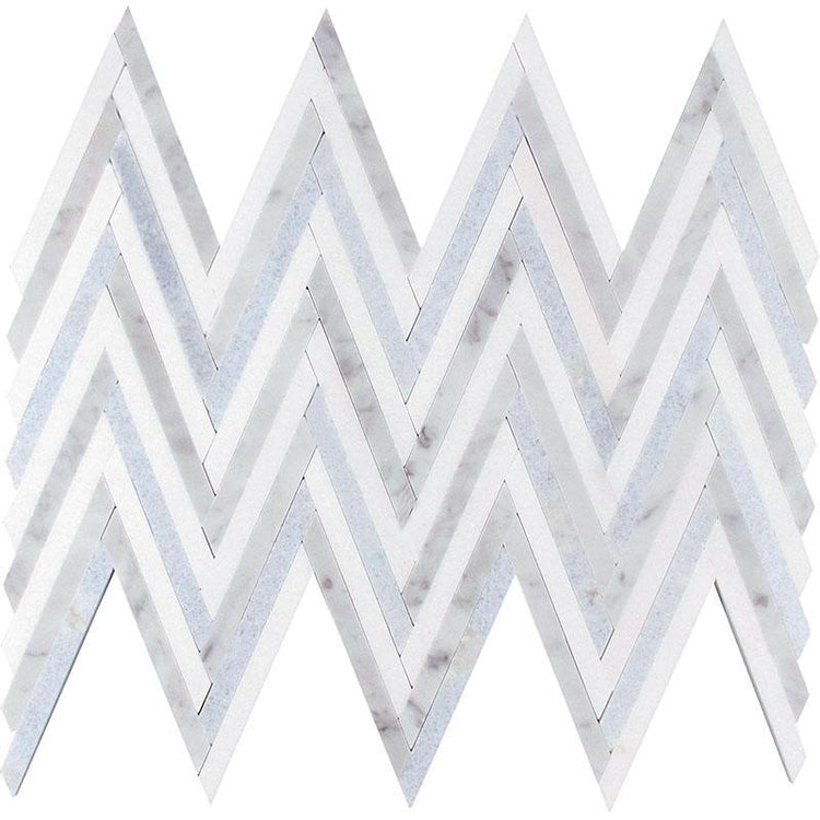 Azul Cielo Thassos And Carrara Striped Chevron Mosaic Tile Sample
