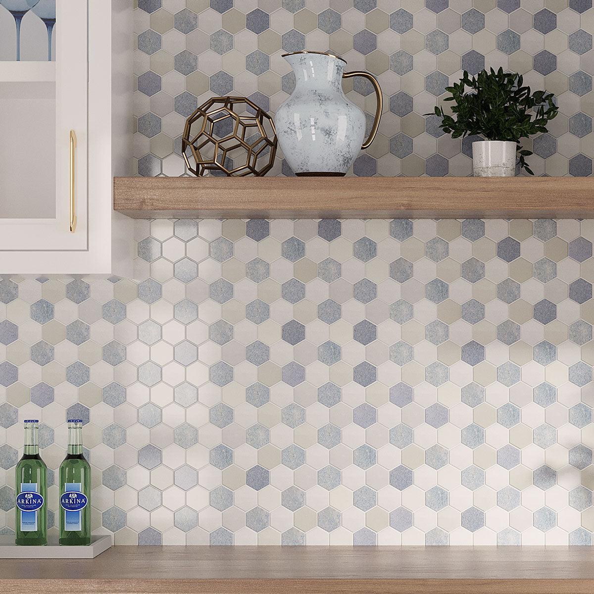 BLue and white bar backsplash with natural marble hexagon tiles