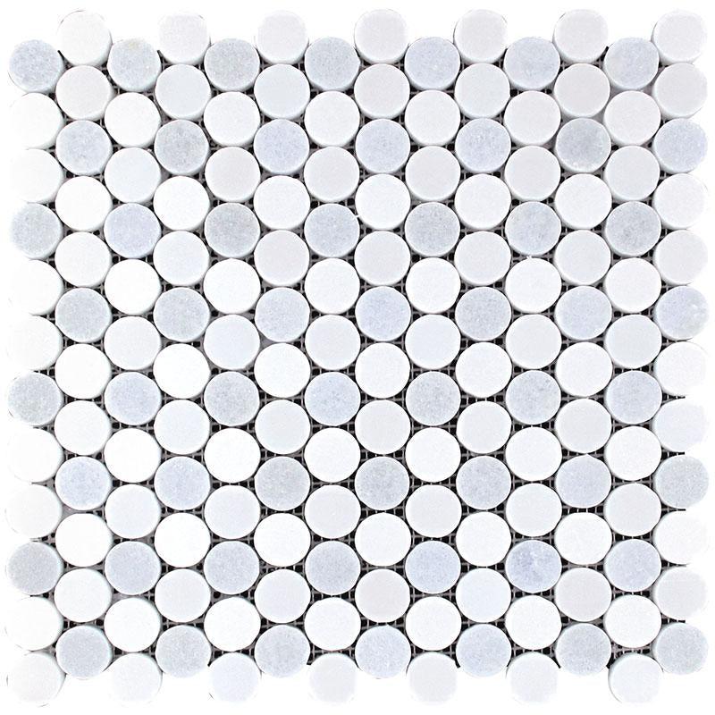 Azul Cielo Thassos And Paper White Penny Rounds Marble Mosaic Tile Polished | 11.2" x 11.5"