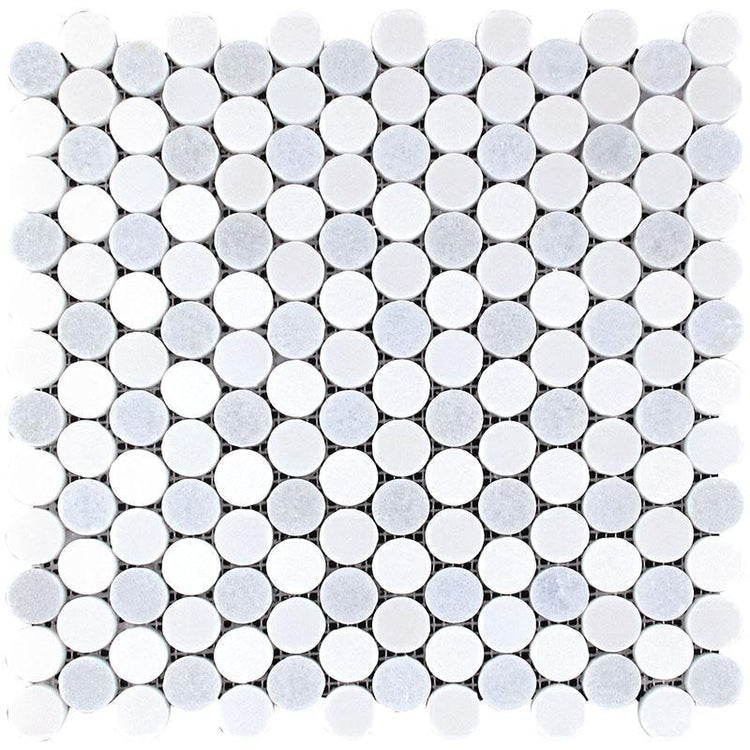 Azul Cielo Thassos And Paper White Penny Rounds Marble Mosaic Tile Polished | 11.2" x 11.5"