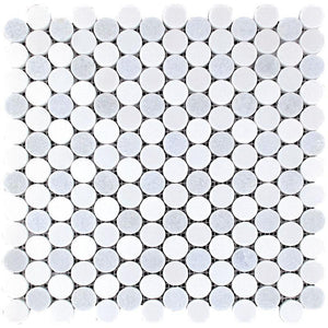 Azul Cielo Thassos And Paper White Penny Rounds Marble Mosaic Tile Polished Sample