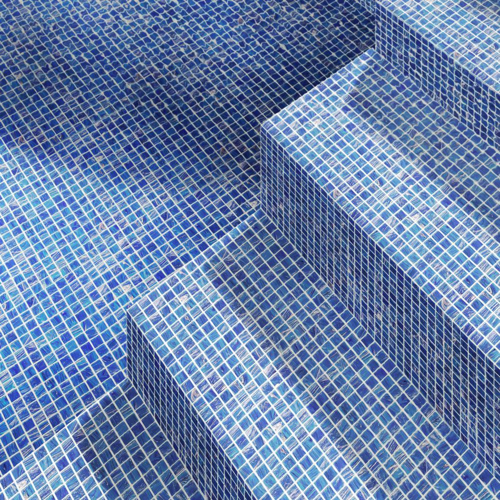 Azure Blue with Gold Swirls Mixed Squares Glass Pool Tile | Tile Club