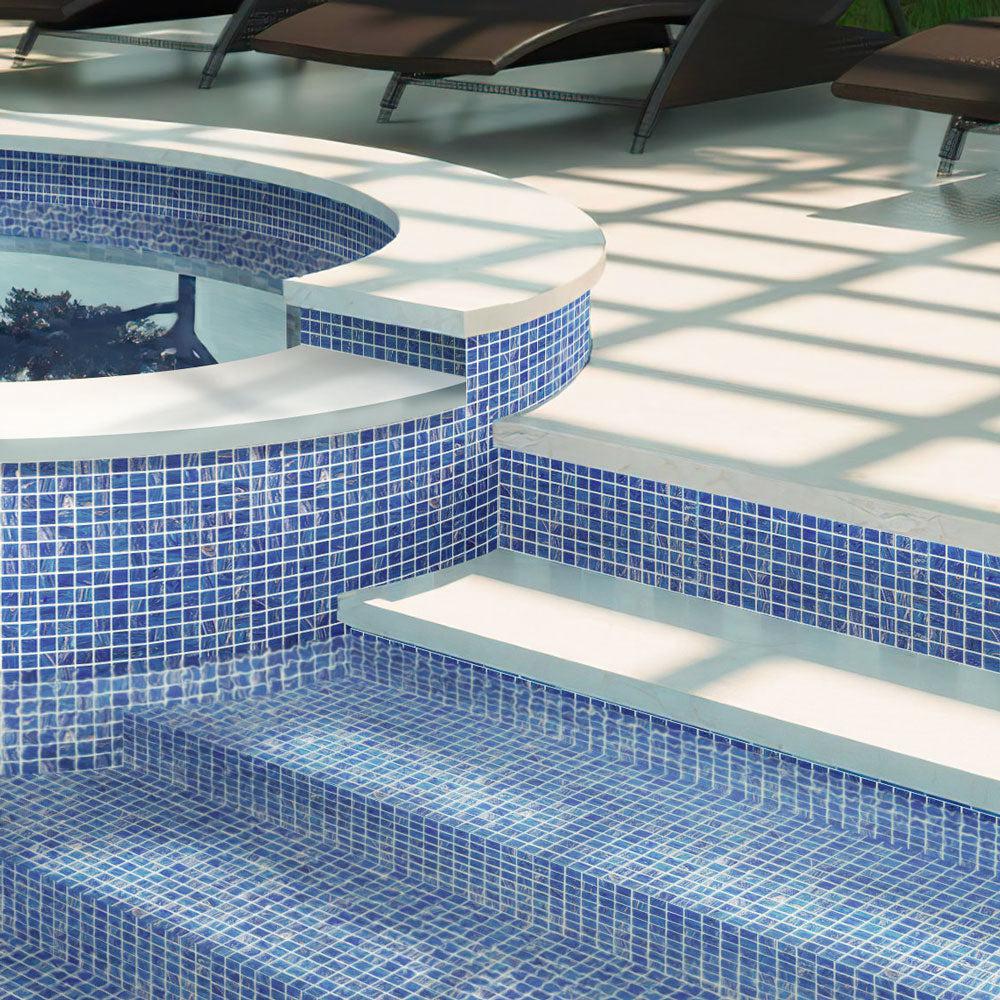 Azure Blue with Gold Swirls Mixed Squares Glass Pool Tile | Tile Club