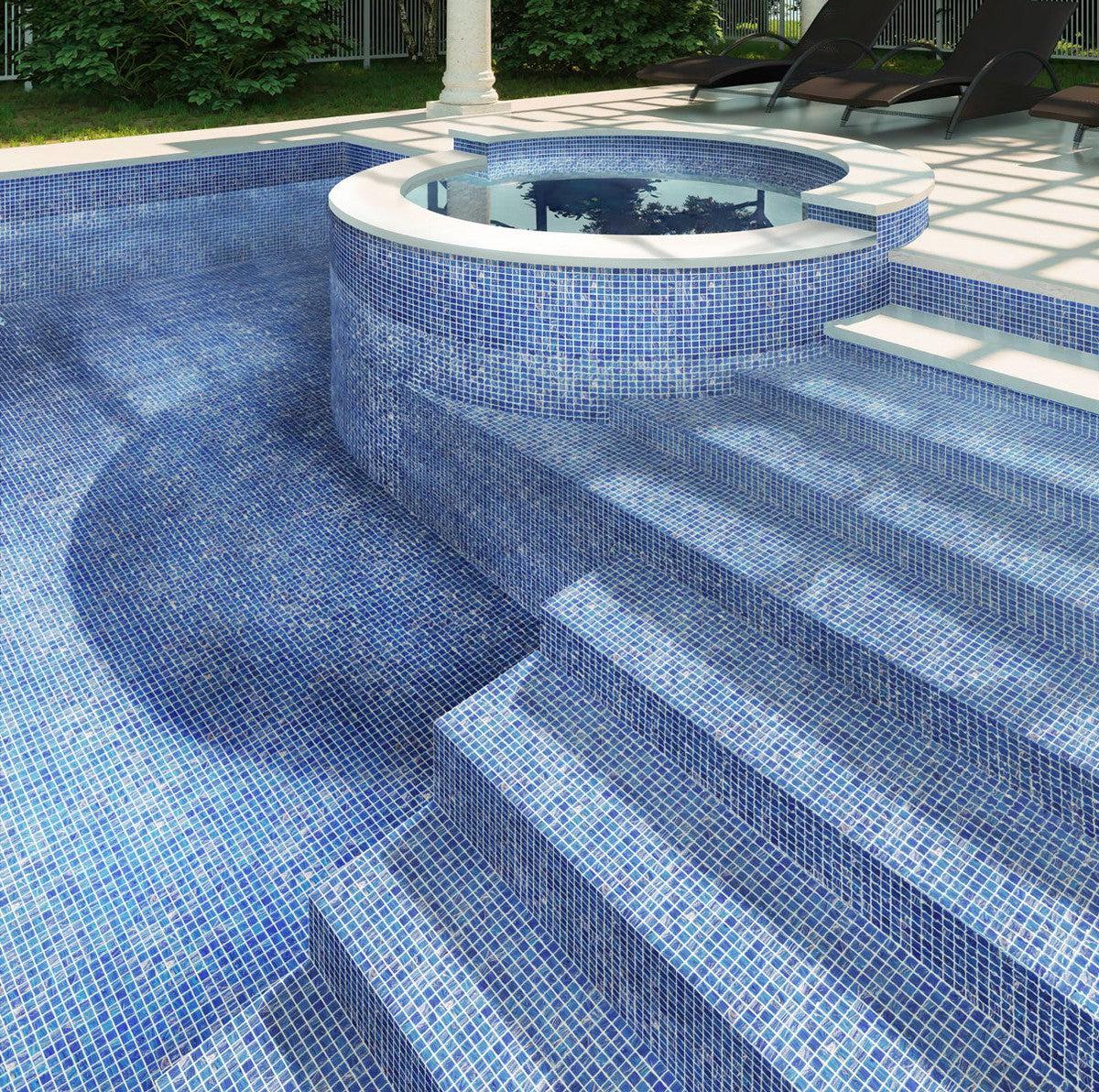 Outdoor Pool lined with Azure Blue with Gold Swirls Mixed Squares Glass Pool Tile