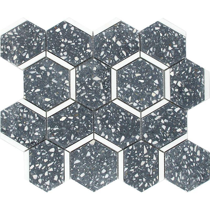 Gray and White Terrazzo Hexagon Mosaic Tile