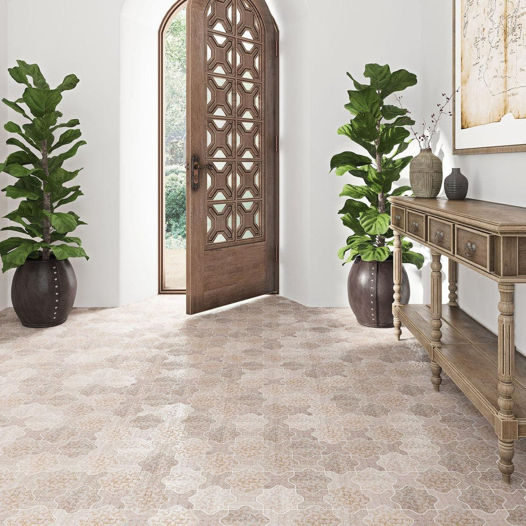 Mediterranean style home with brown marble tile floor entryway