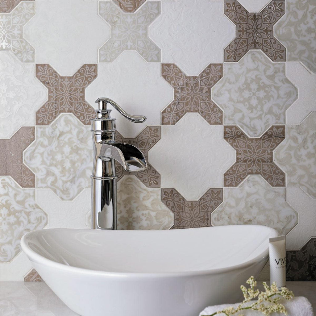 Babylon Mixed Star & Cross Etched Marble Mosaic Tile | Tile Club