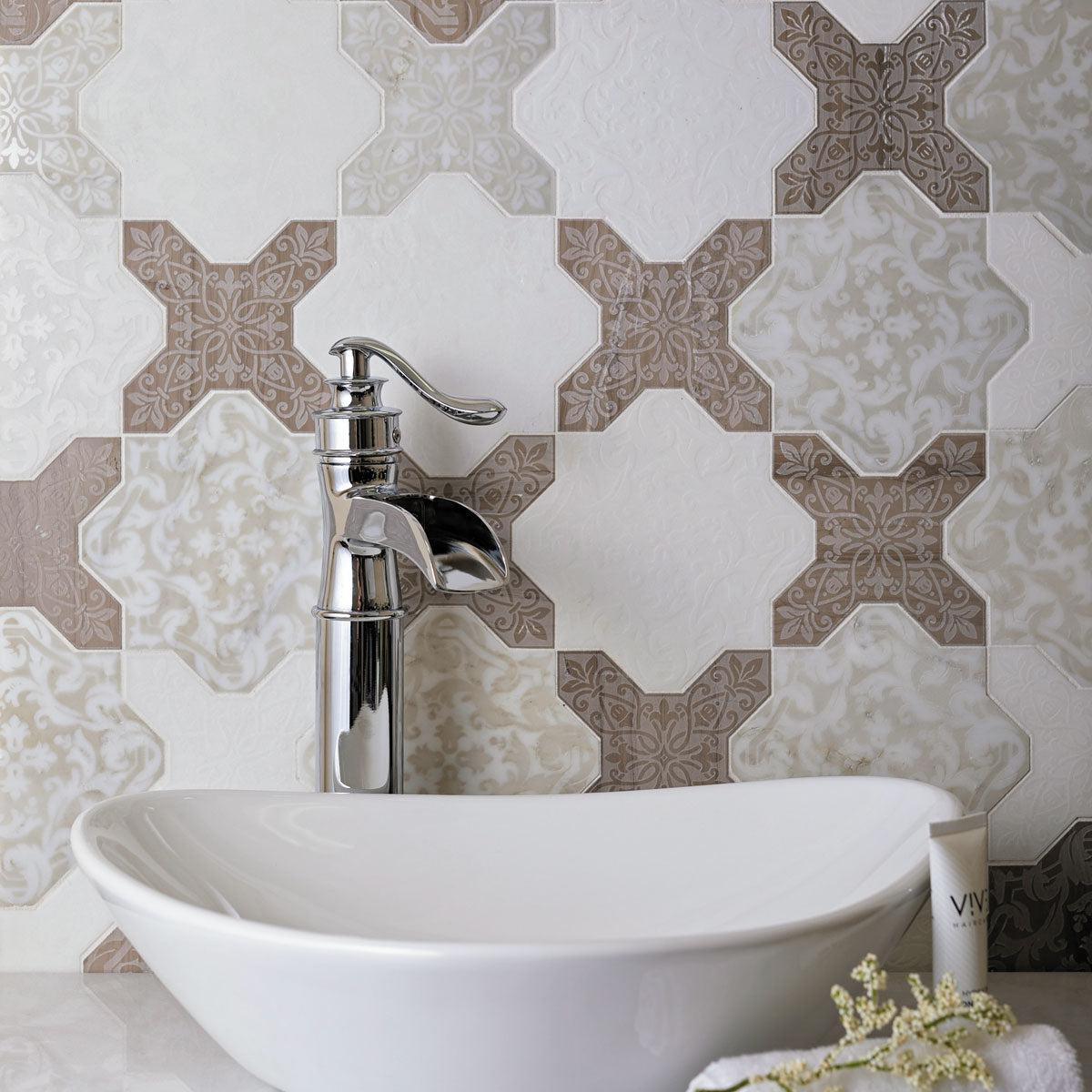 Babylon Mixed Star & Cross Etched Marble Mosaic Tile