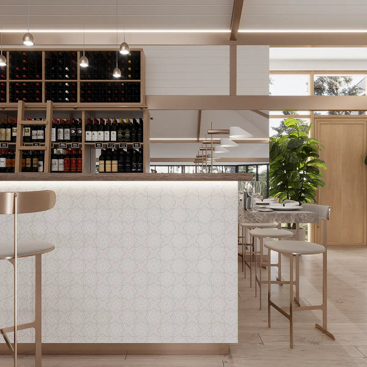 Wine Bar with Babylon White Star & Cross Etched Marble Mosaic Tile Facing