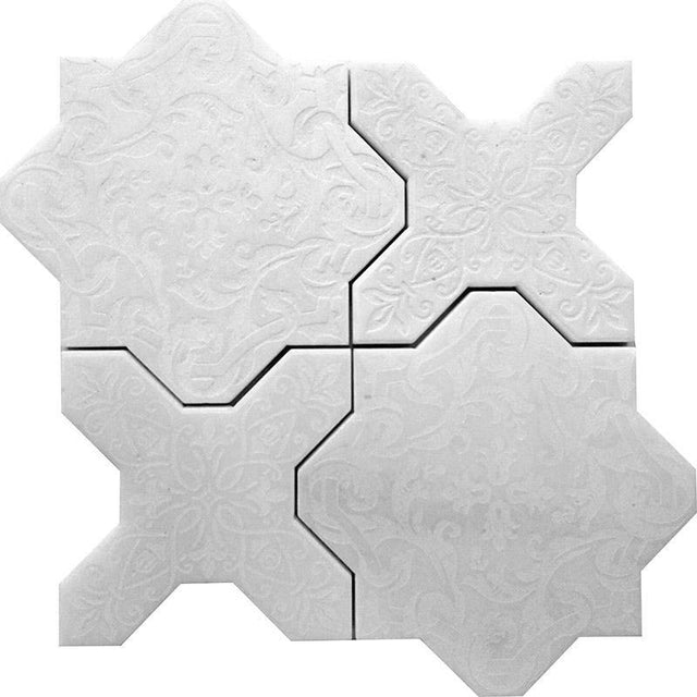 Babylon White Star & Cross Etched Marble Mosaic Tile | Tile Club