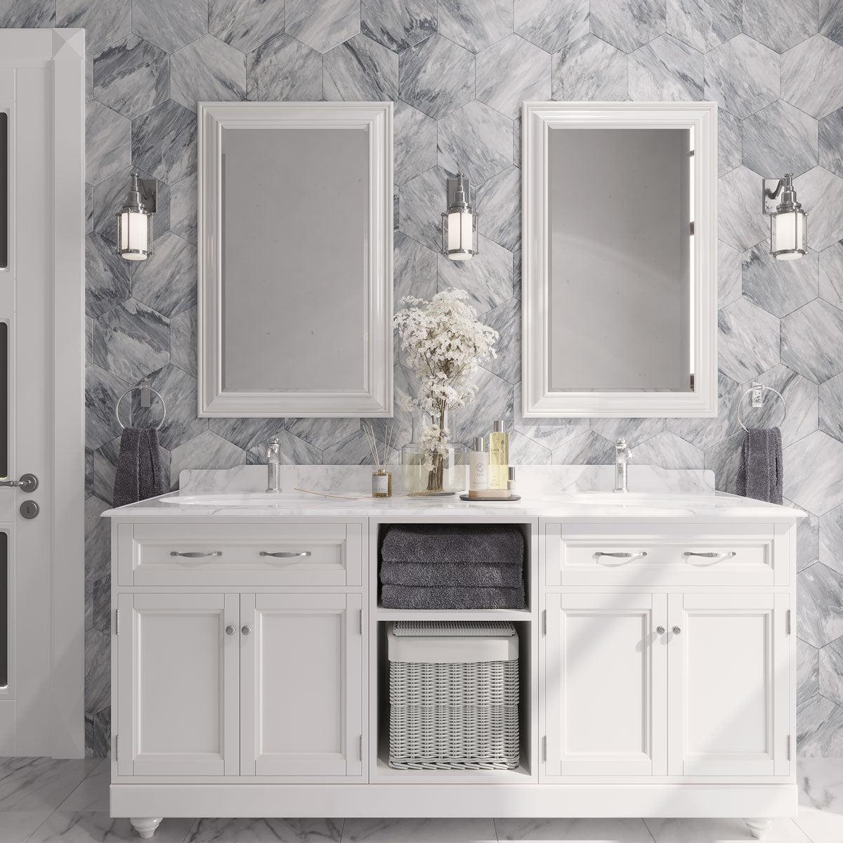 Gray and white bathroom with Bardiglio Hexagon Marble Tiles and a white dual vanity
