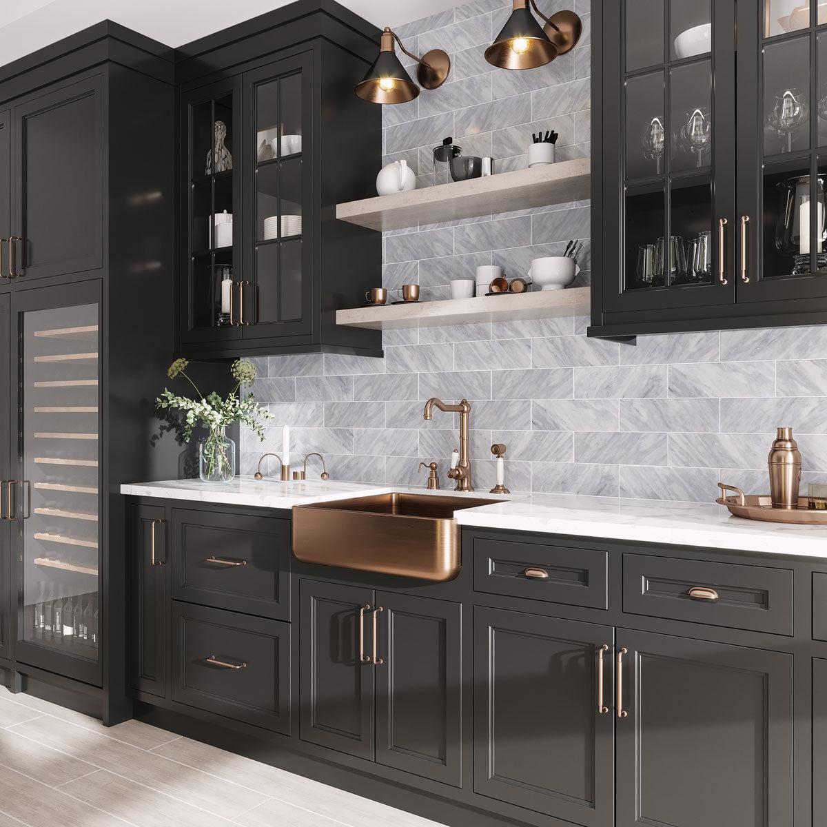 Gray and Black kitchen with Bardiglio Marble Subway Tiles and 