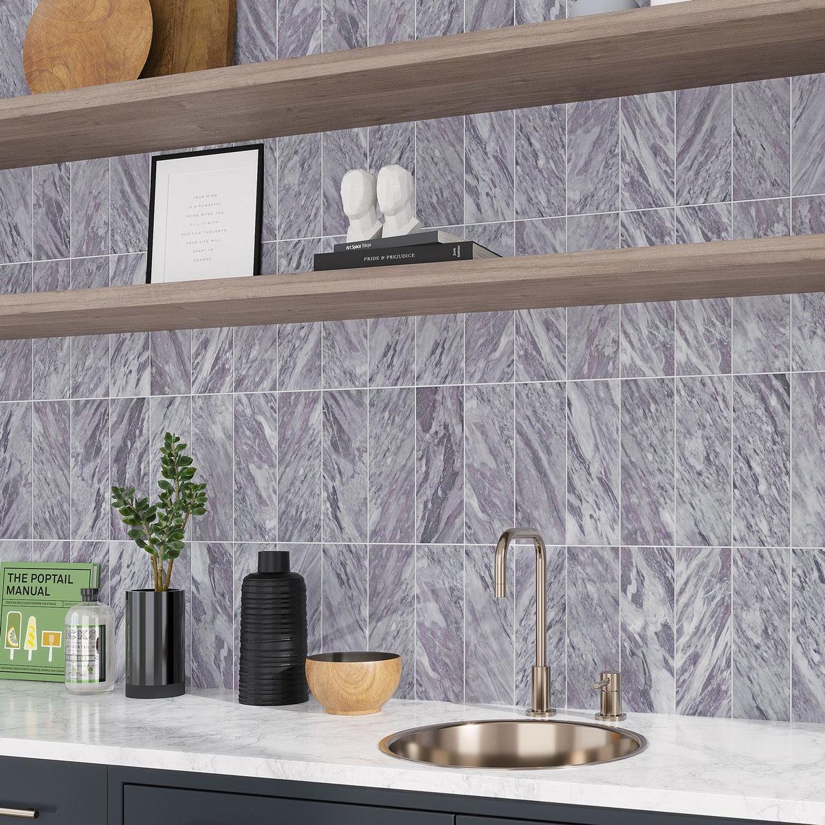 Gray marble subway tile kitchen backsplash