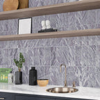 Gray marble subway tile kitchen backsplash