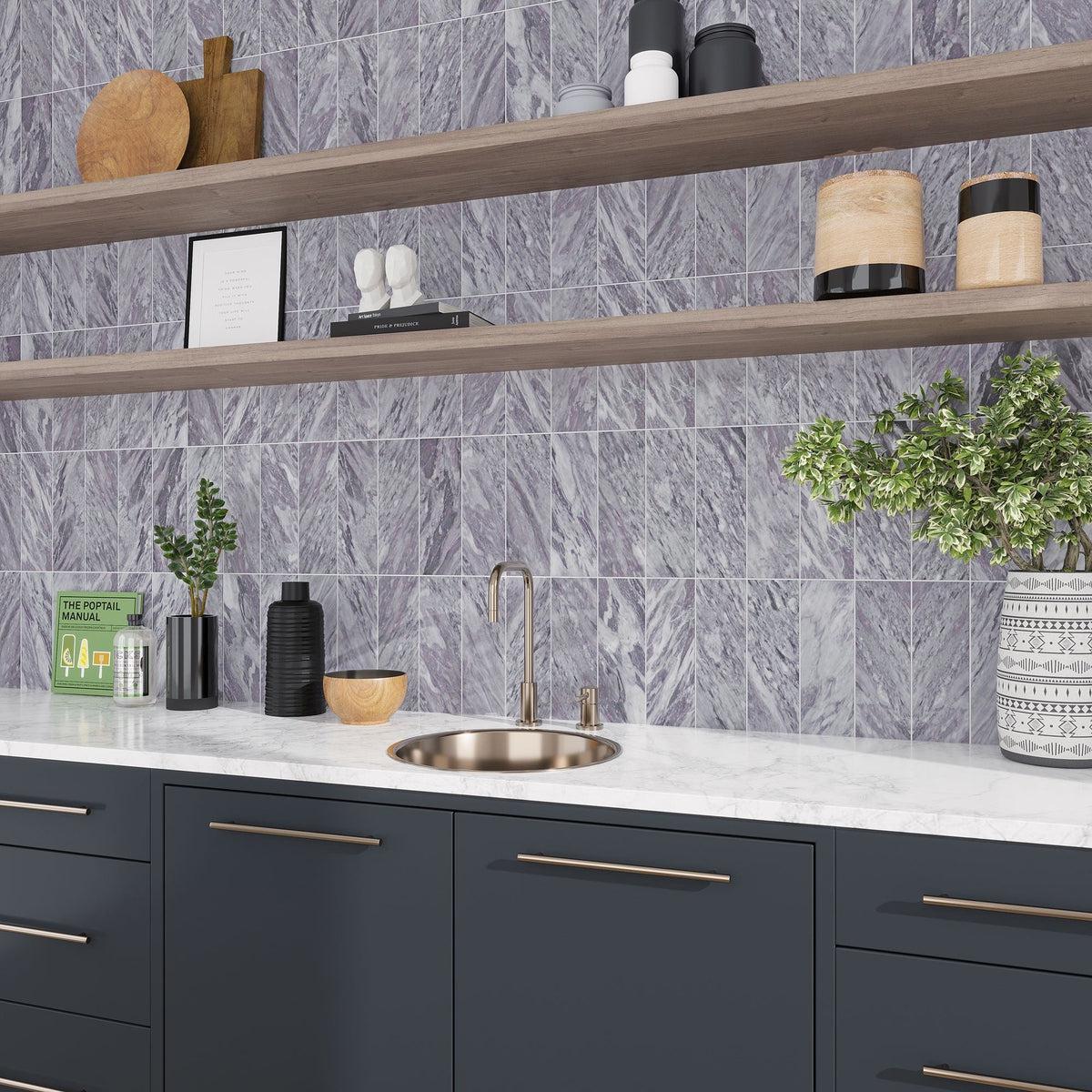 Polished gray marble subway tile kitchen wall
