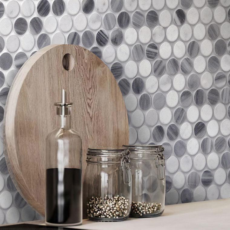 Bardiglio Carrara Penny Rounds Polished Marble Mosaic Tile Kitchen Wall Close-up