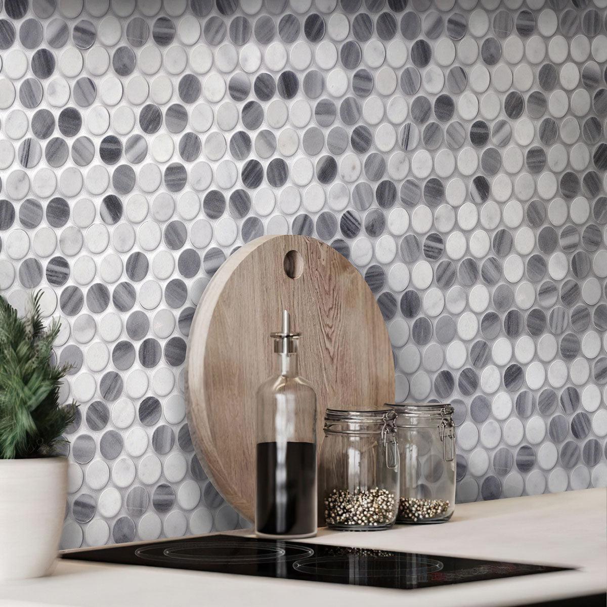 Bardiglio Carrara Penny Rounds Polished Marble Mosaic Tile Kitchen Backsplash