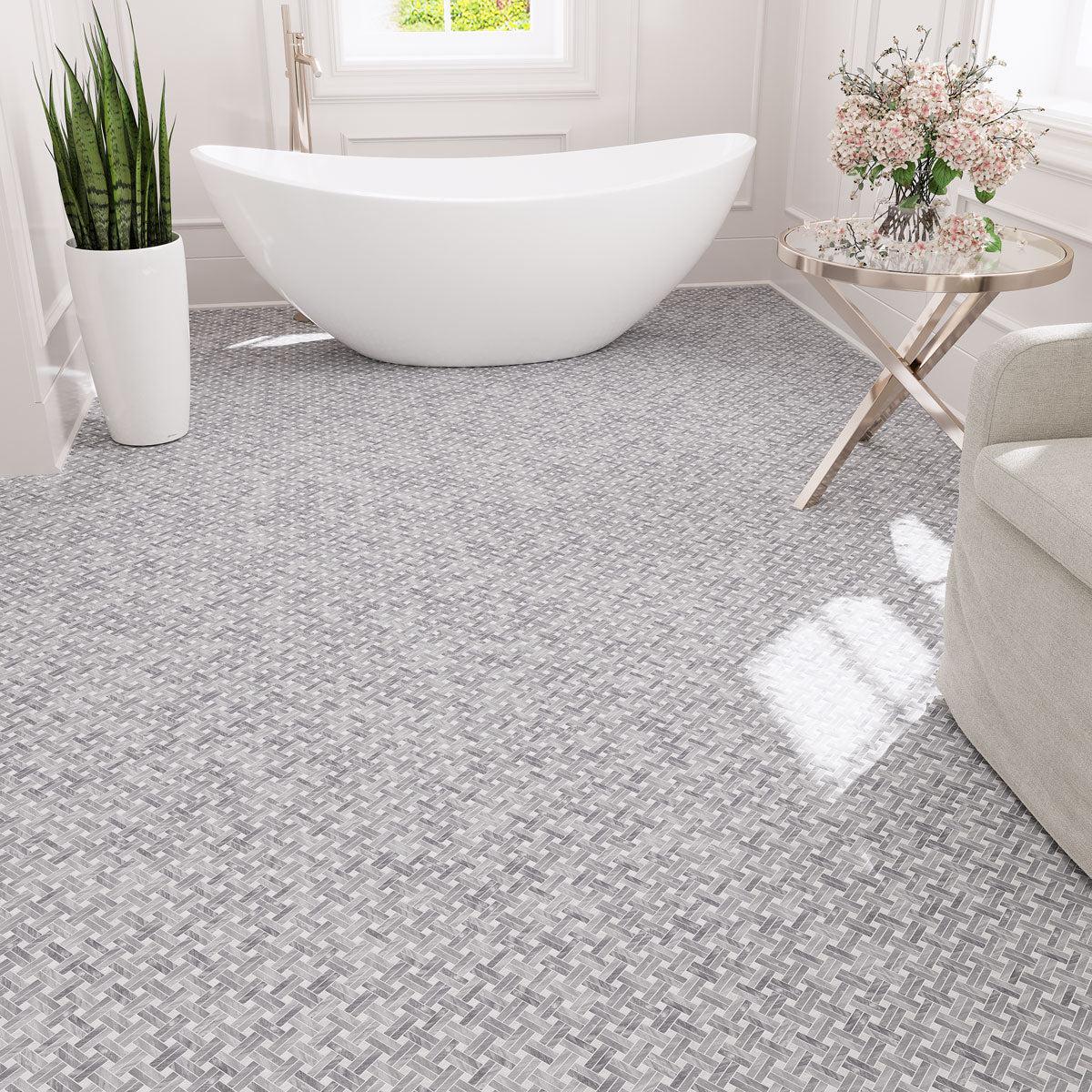 Gray and white double basket weave bathroom floor tile