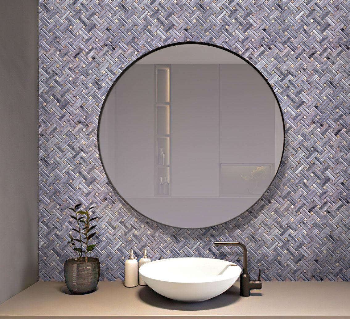 Marble basketweave tile bathroom wall backsplash