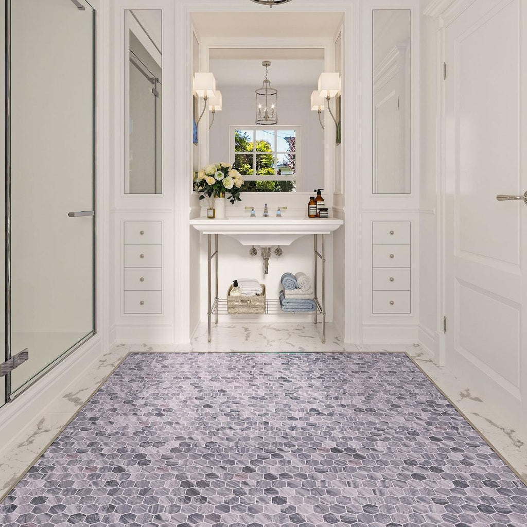 Gray and white marble bathroom floor tile