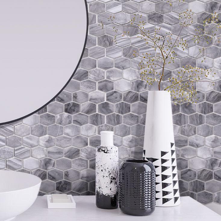 Bardiglio Elongated Hexagon Polished Marble Mosaic Tile Wall