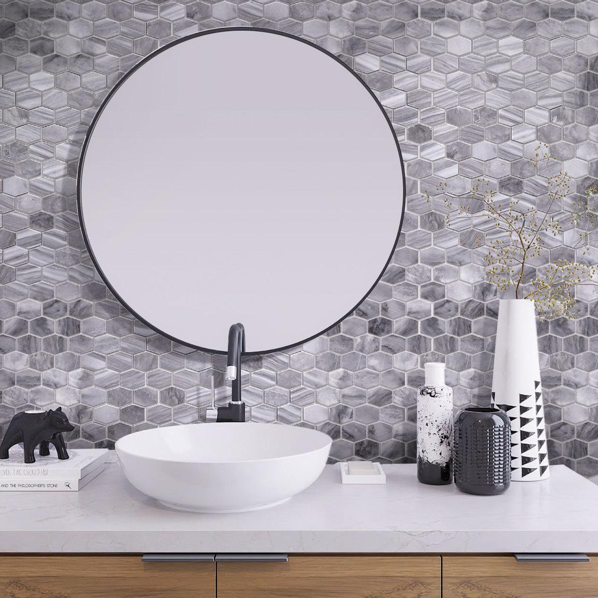 Bardiglio Elongated Hexagon Polished Marble Mosaic Tile Washroom Wall