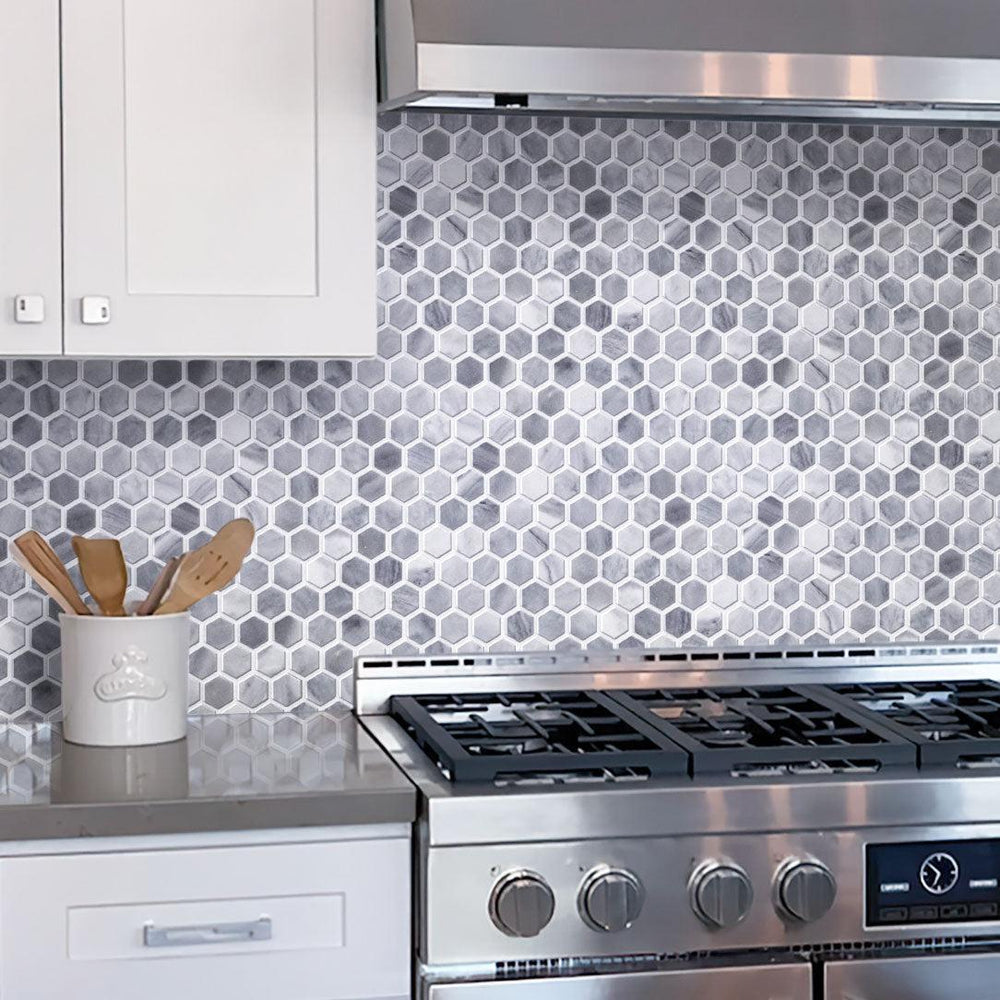 Bardiglio Hexagon Polished Marble Mosaic Tile | Kitchen Backsplash ...