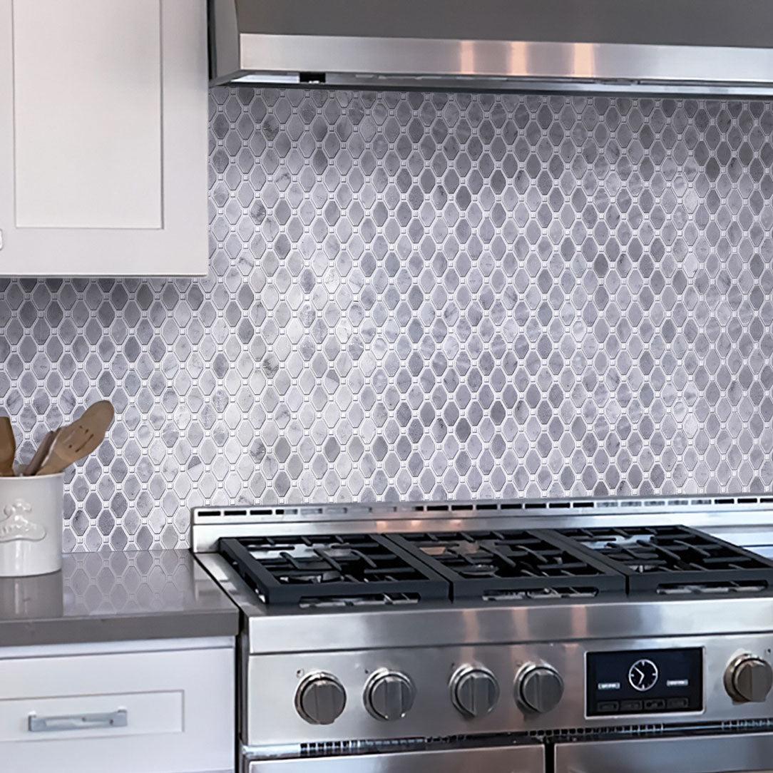 White and Silver Kitchem With Bardiglio Octagon With Oriental White Dot Marble Mosaic Tile Backsplash