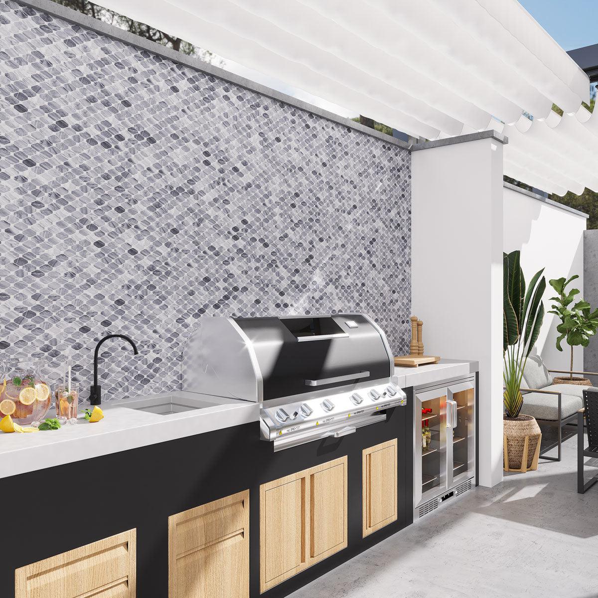 Outdoor Kitchen and Grilling Area with Bardiglio Octagon With Oriental White Dot Marble Mosaic Tile