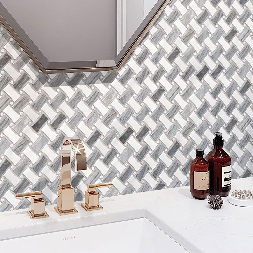 Bardiglio & Oriental White Curved Basket Weave Marble Mosaic Tile Washroom Wall