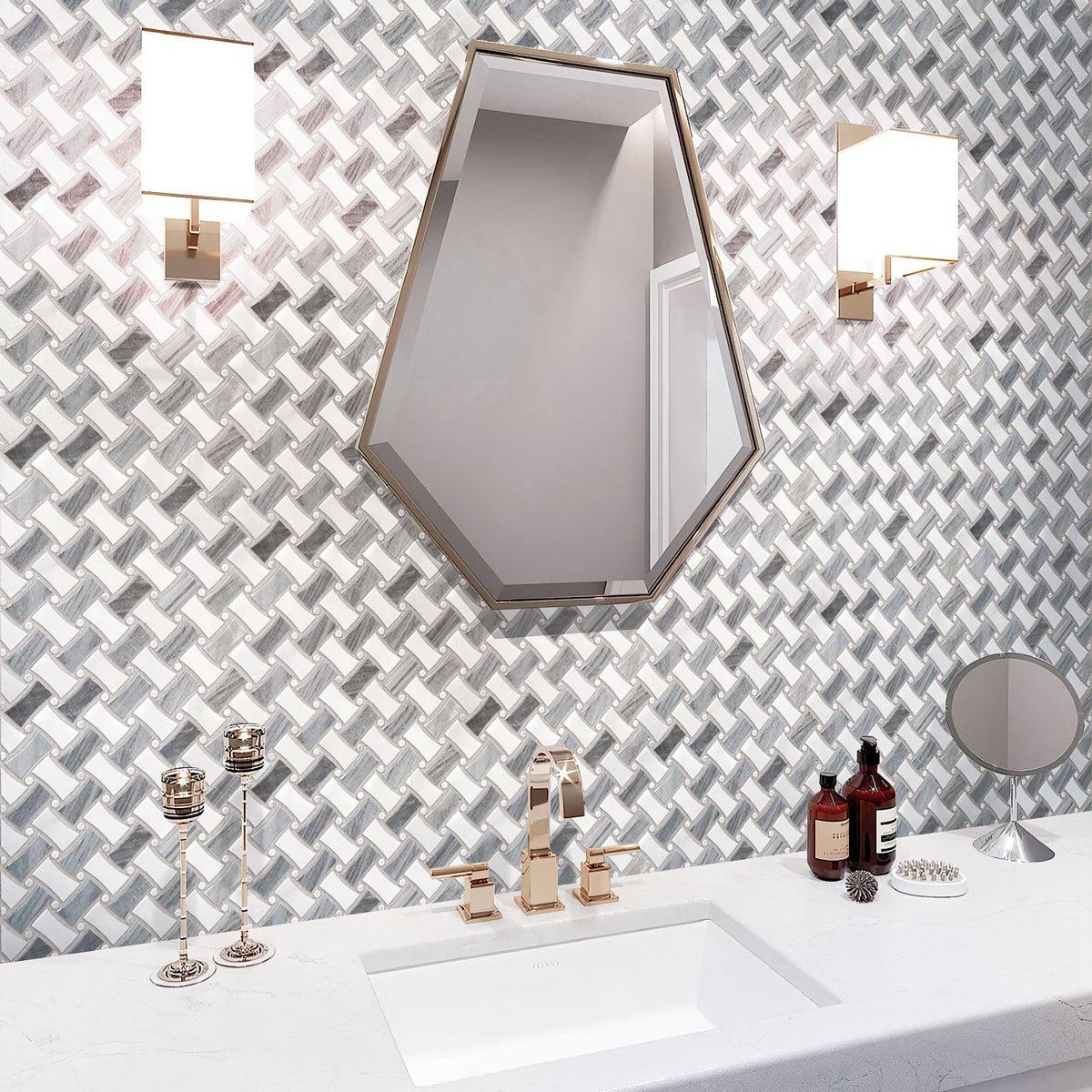 Bardiglio & Oriental White Curved Basket Weave Marble Mosaic Tile Bathroom Wall