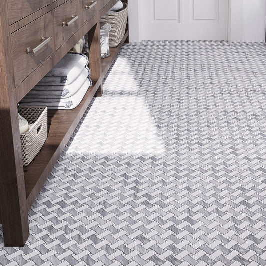 Curved basket weave bathroom floor tile