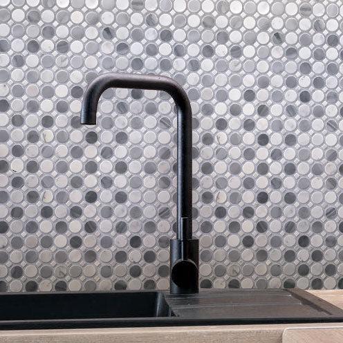 Bardiglio Penny Round & Carrara Dot Marble Mosaic Tile Kitchen Wall
