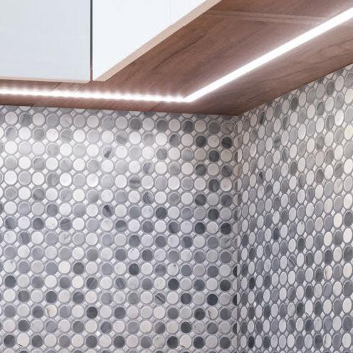 Bardiglio Penny Round & Carrara Dot Marble Mosaic Tile Kitchen Corner