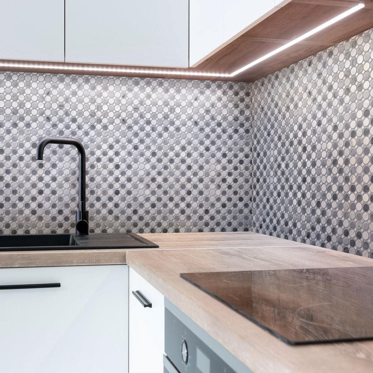 Bardiglio Penny Round & Carrara Dot Marble Mosaic Tile Kitchen Backsplash