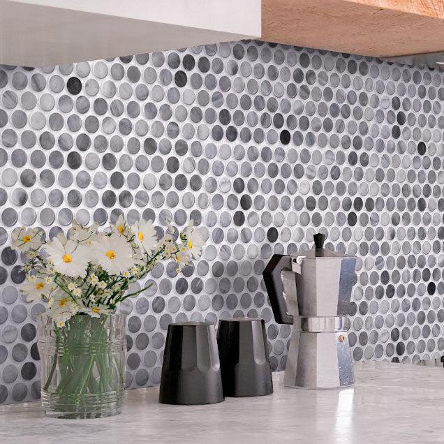 Bardiglio Penny Rounds Marble Polished Mosaic Tile Kitchen Wall