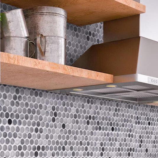 Bardiglio Penny Rounds Marble Polished Mosaic Tile Backsplash Close-up