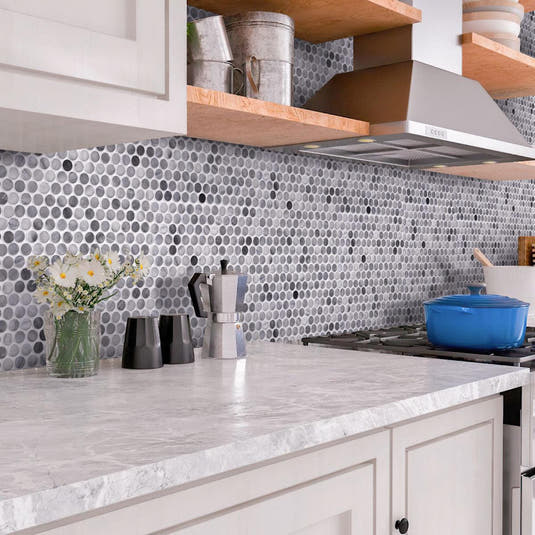 Bardiglio Penny Rounds Marble Polished Mosaic Tile White & Wood Kitchen Backsplash