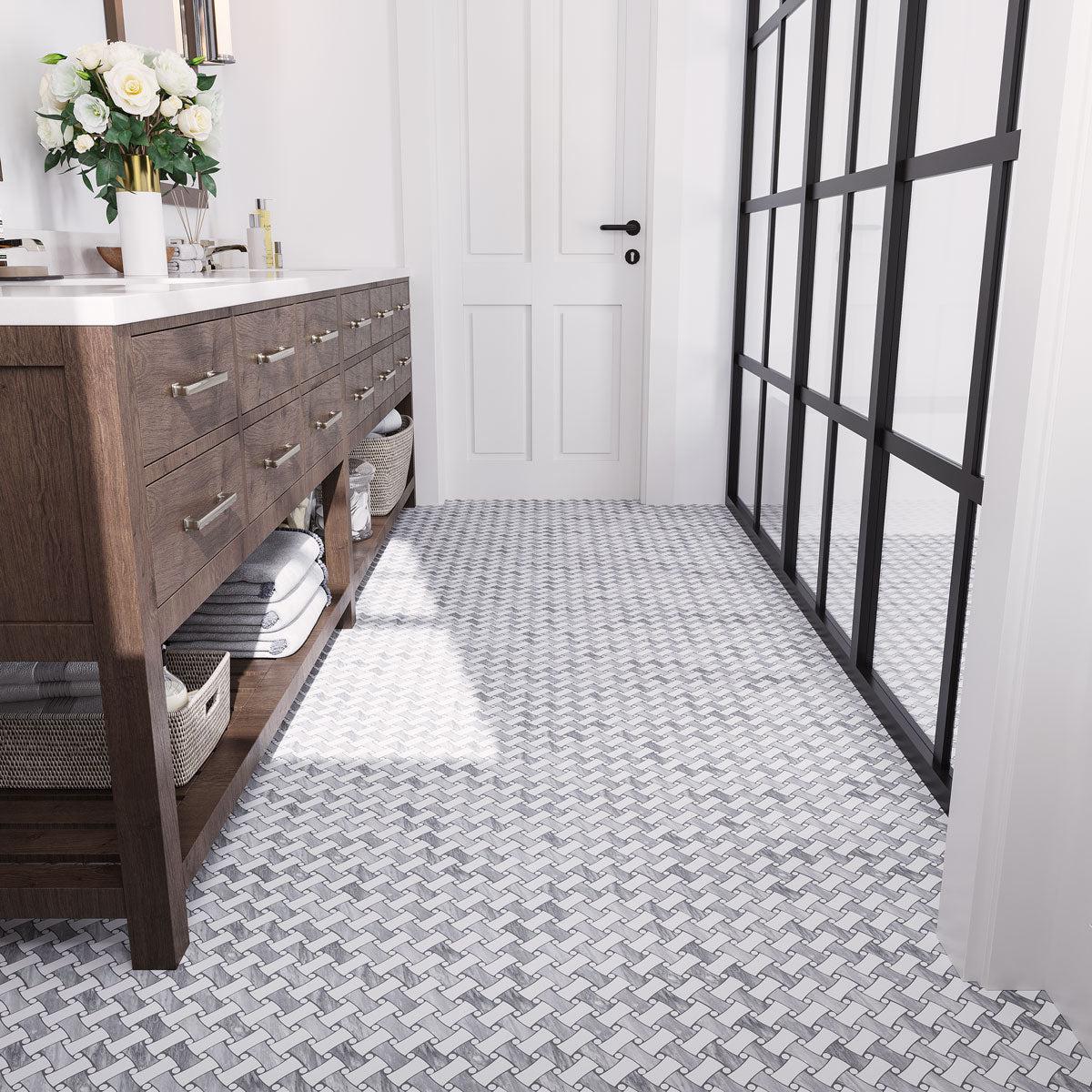 Bardiglio & White Marble Curved Basket Weave Marble Mosaic Tile | Tile Club