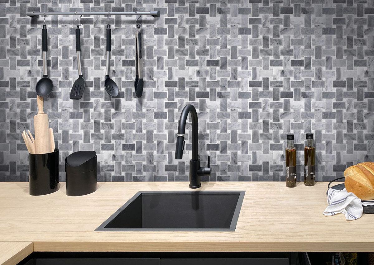 Gray and white basket pattern kitchen wall tile