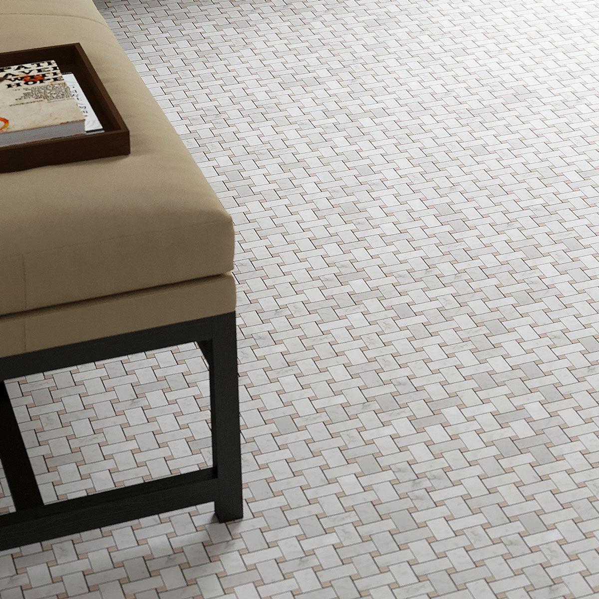 Basket Weave Carrara & Beige Dot Polished Marble Tile | Tile Club