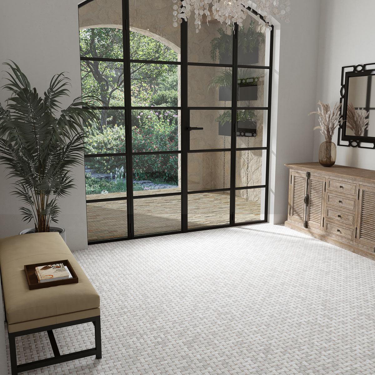 Basket Weave Carrara & Beige Dot Polished Marble Tile | Tile Club