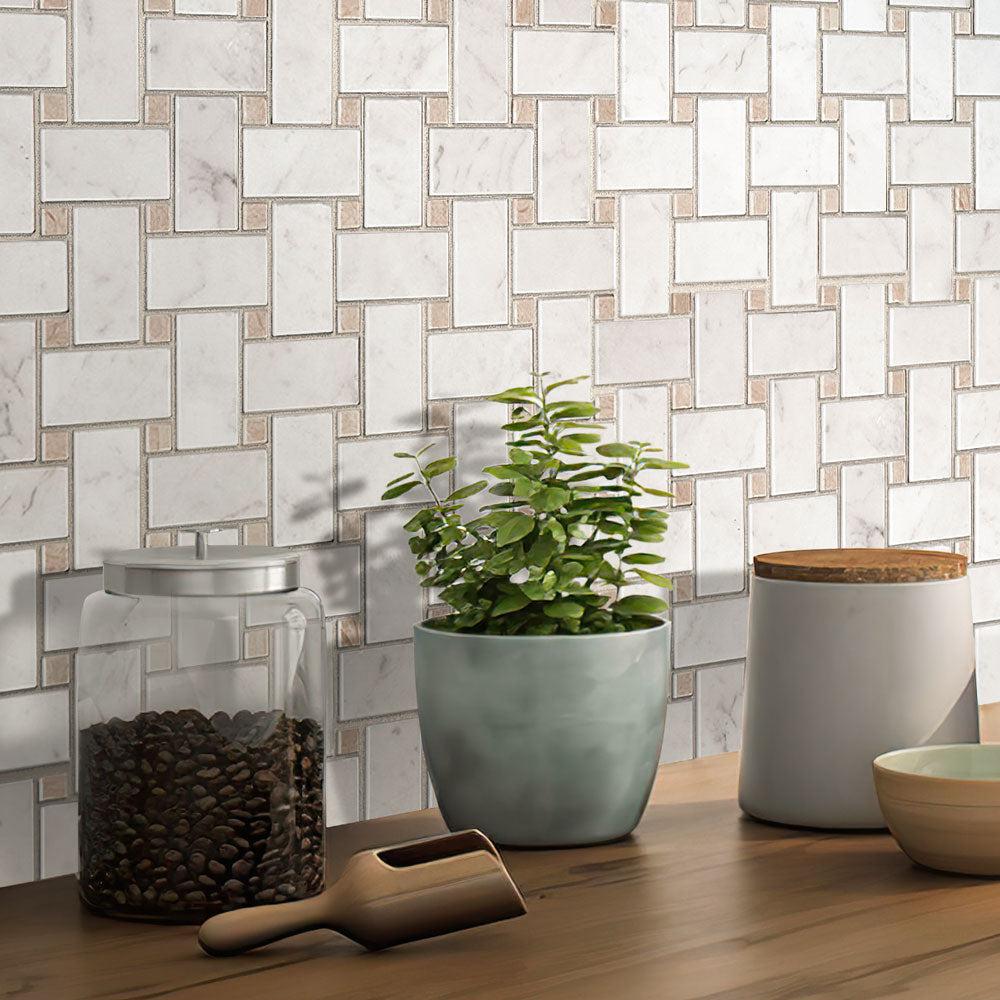 Basket Weave Carrara & Beige Dot Polished Marble Tile | Tile Club