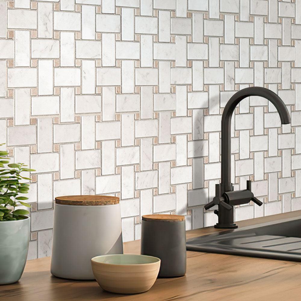 Basket Weave Carrara & Beige Dot Polished Marble Tile | Tile Club