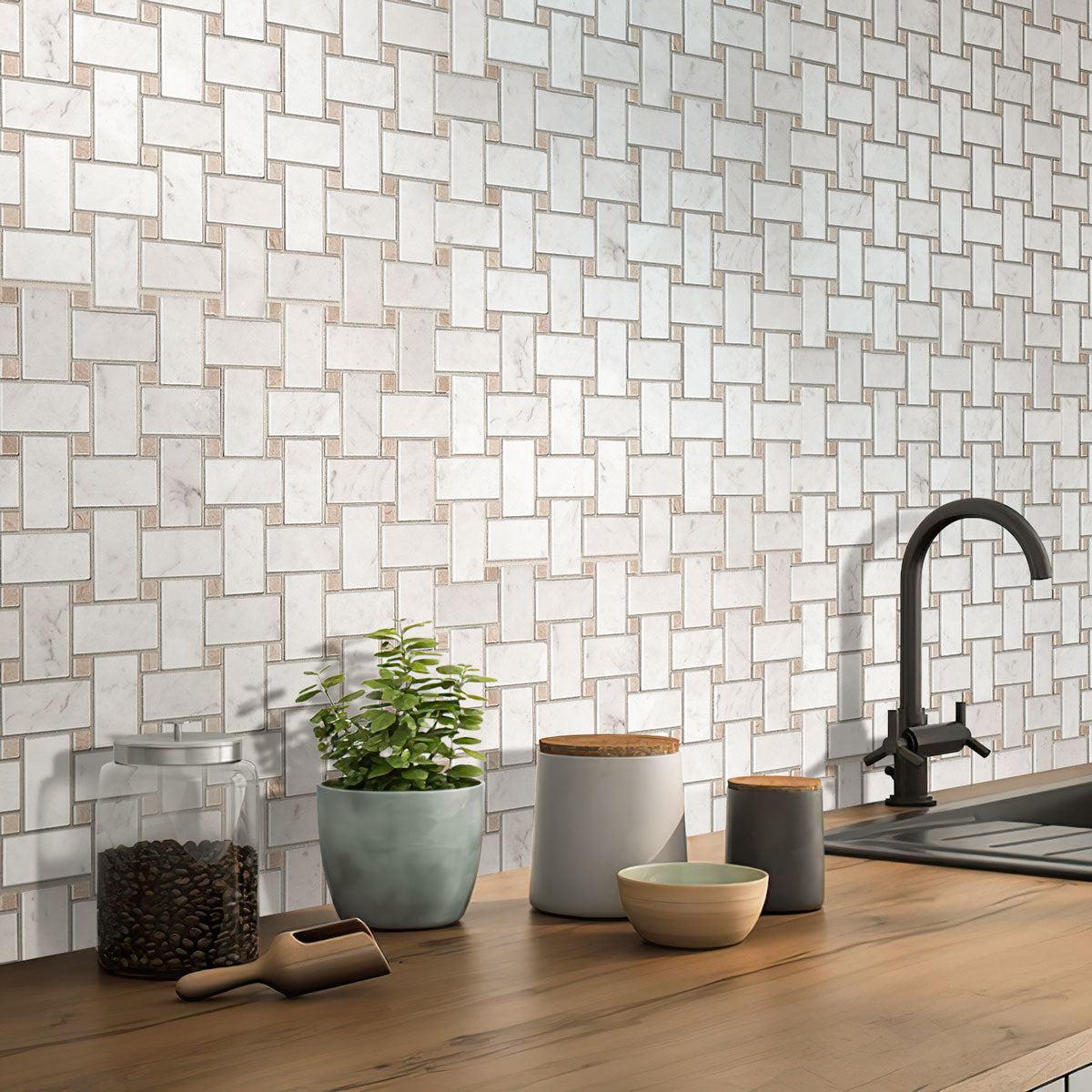 Basket Weave Carrara & Beige Dot Polished Marble Tile kitchen backsplash