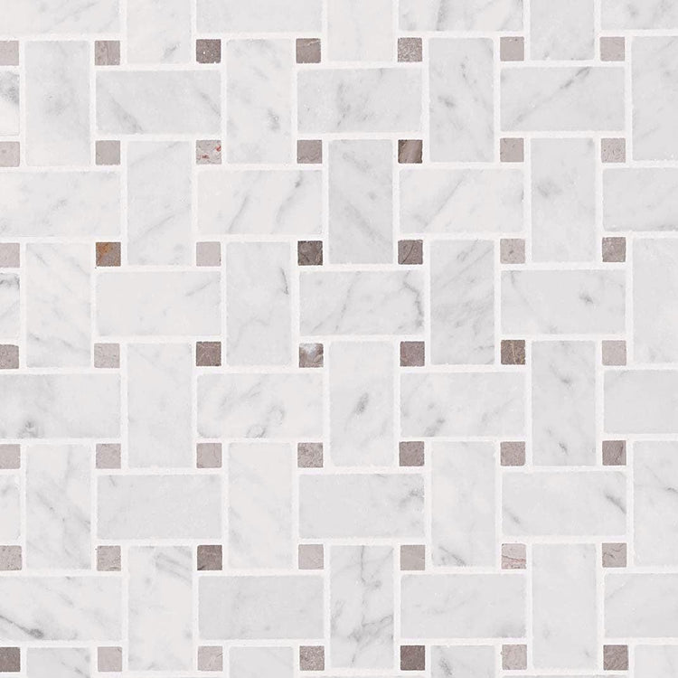 Basket Weave Carrara & Beige Dot Polished Marble Tile