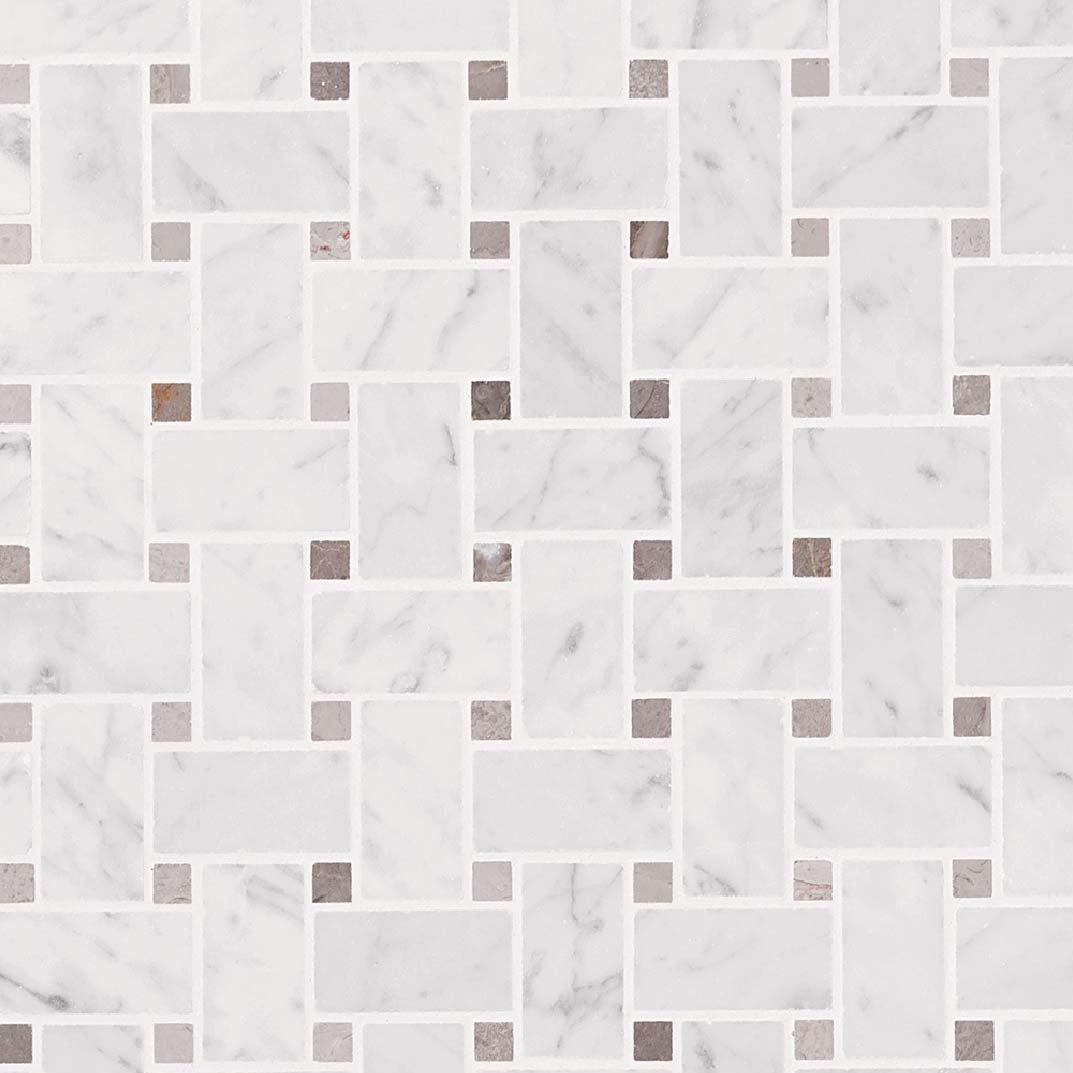 Basket Weave Carrara & Beige Dot Polished Marble Tile